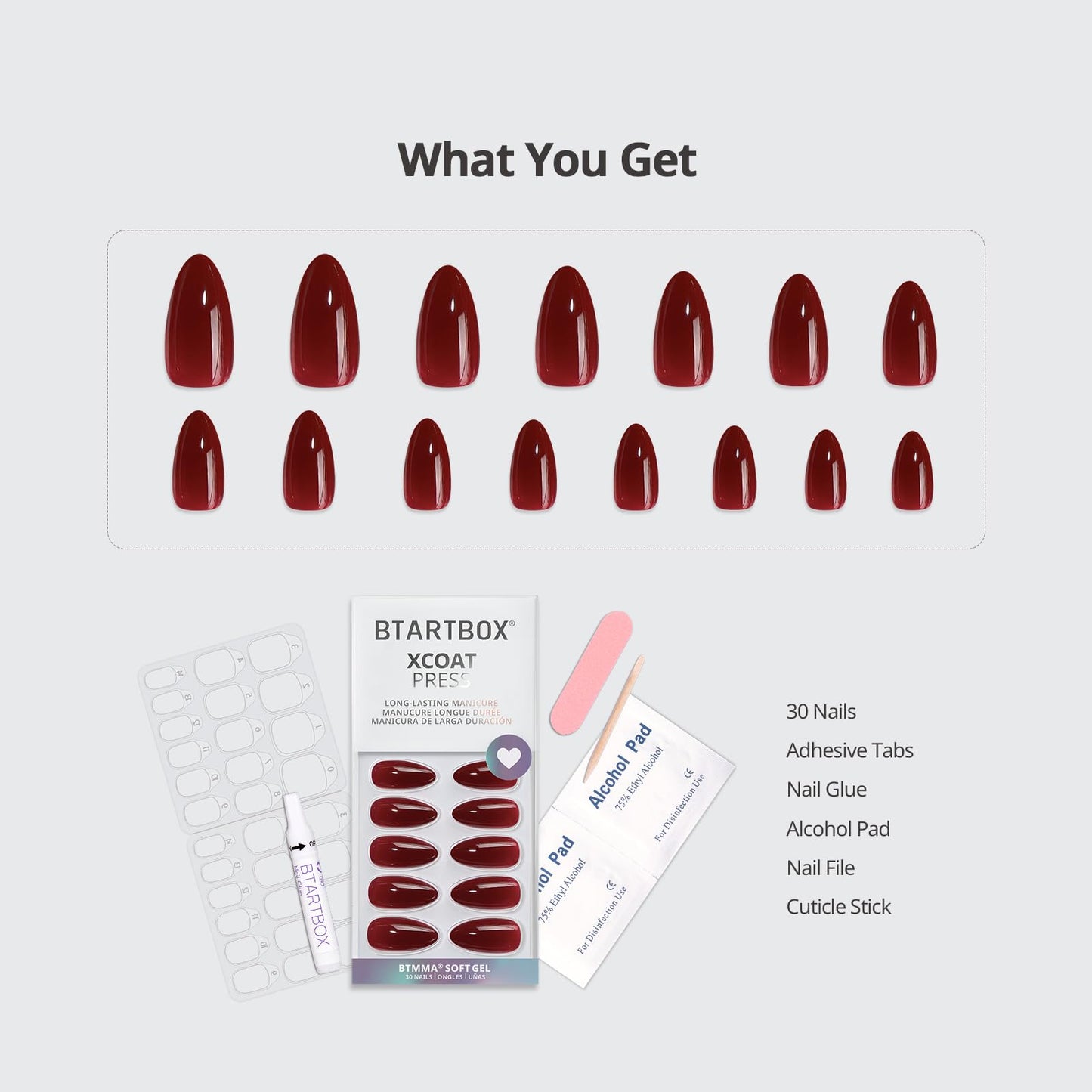 BTArtbox Press On Nails Almond - Lamp-Curable Dark Red Medium Press On Nails with Glue for Women, Semi-Transparent Soft Gel Glue On Nails in 16 Sizes - 32 Stick On Nails Kit, Blackout