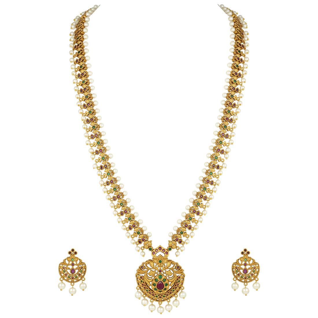 Aheli South Indian Traditional CZ Designer Necklace Earrings Bollywood Ethnic Wedding Bharatanatyam jewellery Set Gift for Women Pear Red