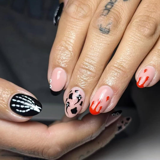 24Pcs Short Oval Press on Nails Halloween Almond French Tip Fake Nails with Blood & Ghost Halloween Skull Acrylic Stick on Nails Black Gradient False Nails for Women Girls