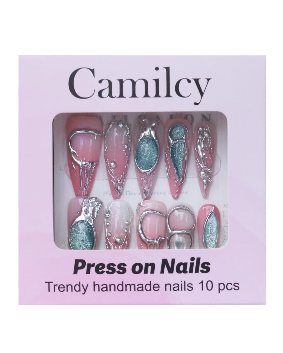 CAMILCY Luxury Handmade Press On Nails Pink Gradient Green Glitter Metallic 3D Design Long Stiletto Fake Nails Salon Quality Reusable Acrylic Nails for Women (B06, L)