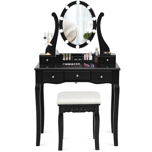 LDAILY Vanity Set with 10 Dimmable LED Bulbs, Vanity Desk with Rotating Lighted Mirror, Cushioned Stool & 5 Drawers, Modern Easy Assembly Bedroom Dressing Table for Girls Women (Black)