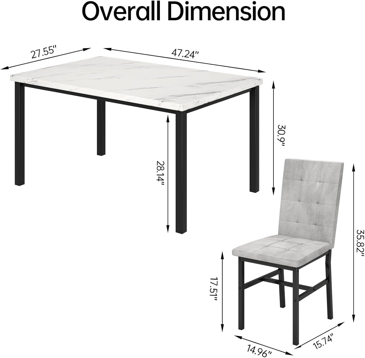 Hooseng Dining Room Table Set 5 Piece Dining Table Set Marble Dining Table 4 Chair Dining Table Set for Kitchen Living Room Breakfast Small Spaces (White & Grey)