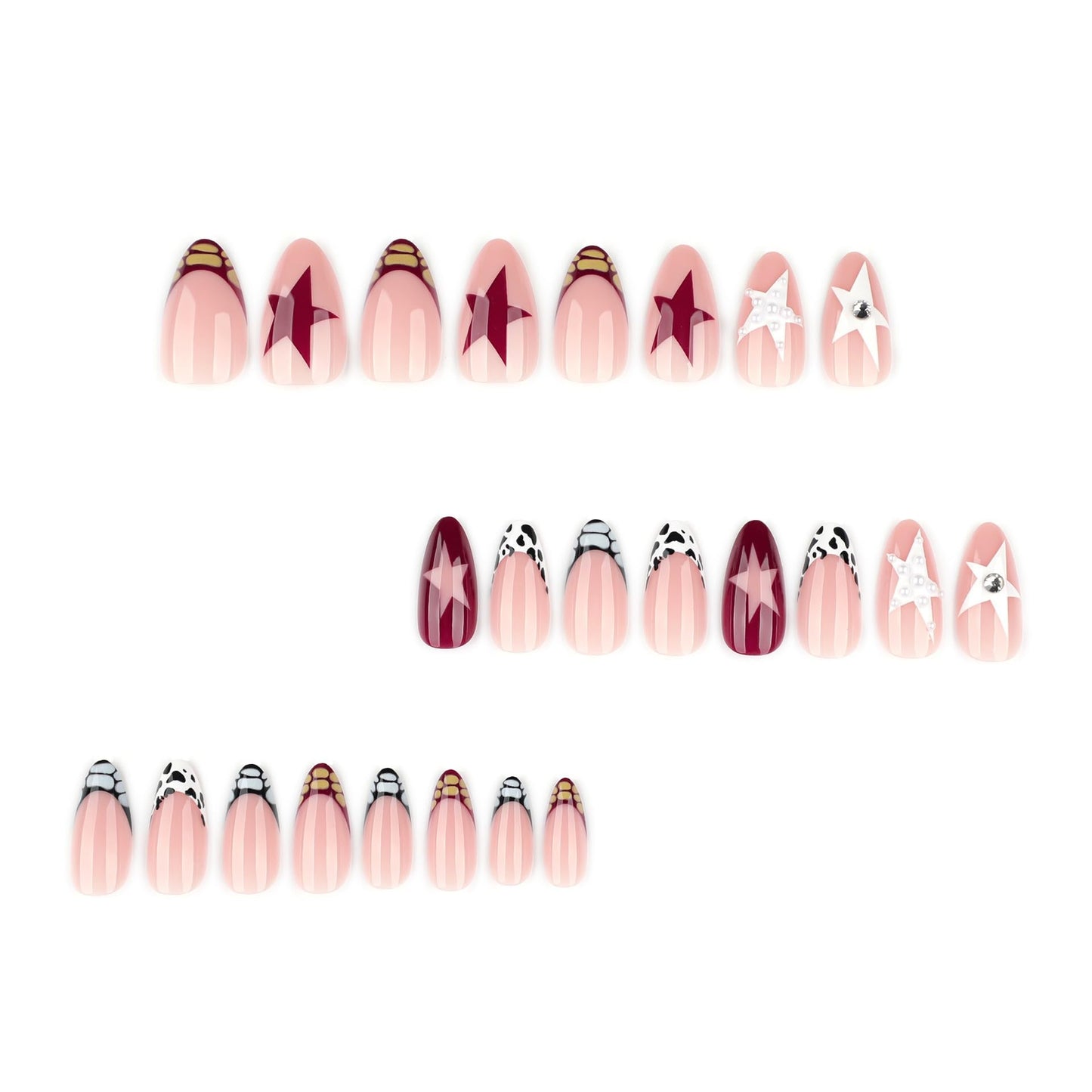 Almond Press on Nails Medium - French Tip Fake Nails with Leopard Print Design - Red, White Star False Nails Press ons -for Women 24 Pcs