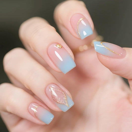RUOKEXIN Medium Length Press on Nails French Tip Fake Nails Blue Ombre False Nails with Glitter Designs Square Glue on Nail Press ons Sparkly Artificial Nails Cute Stick on Nails for Women 24Pcs