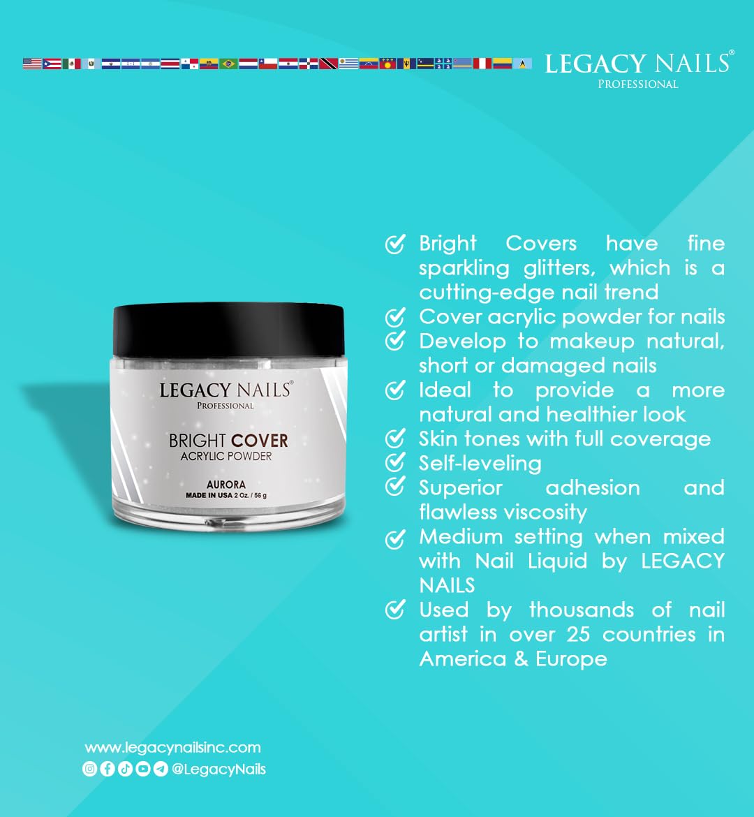 Legacy Nails Professional Bright Cover Full Coverage Color, CREAM 2 oz Acrylic Powder With Shimmer, Shine for Overlay Nail Extensions