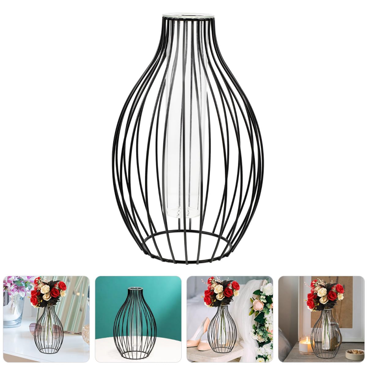 Garneck Geometric Iron Frame Vase with Small Glass Propagation Tubes, Hydroponic Planter for Home Décor, Nordic Style Desk Terrarium Plant Holder with Black Metal Stand