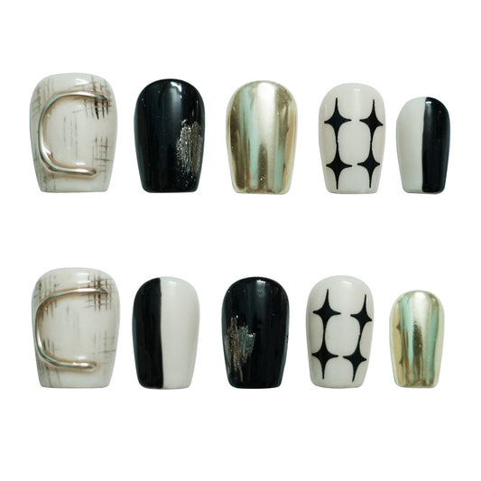 Trendy Press On Nails Black White Gold - 3D Short Square Nails Metallic Glitter Glossy Reusable Gel Press on Acrylic Fake Nail for Daily Nail Art (Starry Glow,M)