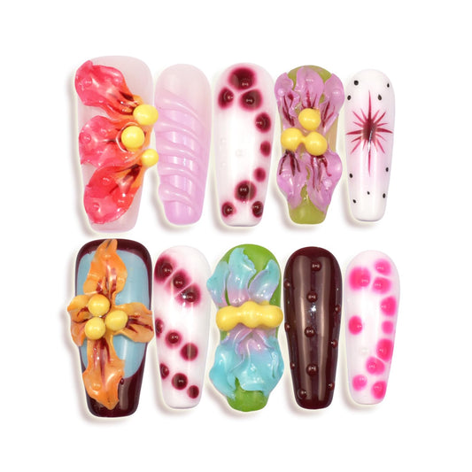 LIFOOST Handmade Press On Nails Long Multicolor 3D Carving Flowers Design 10pcs Hand painted Smudging Glue On Acrylic Fake Nails