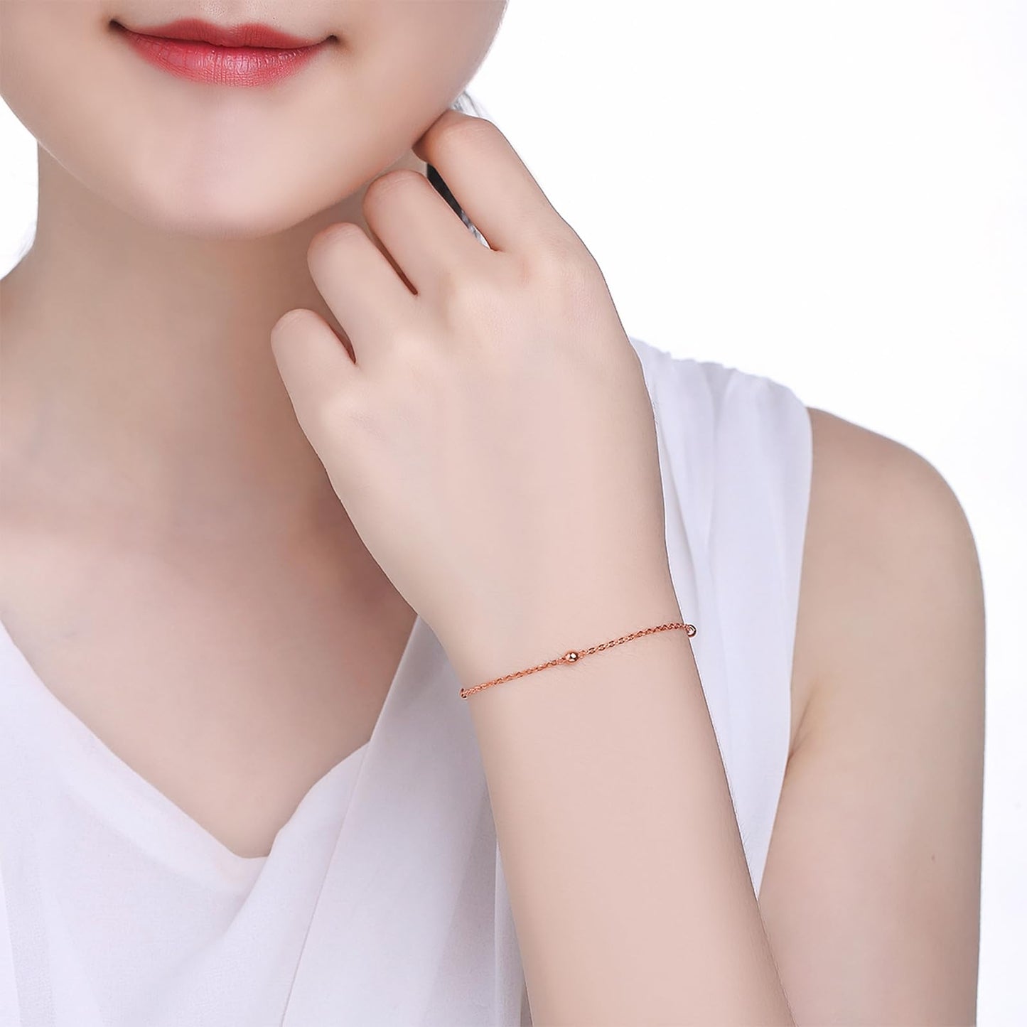ZHOU LIU FU 18K Rose Gold Chain Bracelet Thin Link Small Beads Freshwater Pearls Bracelet Dainty Jewelry Set Layered Bracelets for Women Mom Daughter Friends Gifts Birthday Anniversary