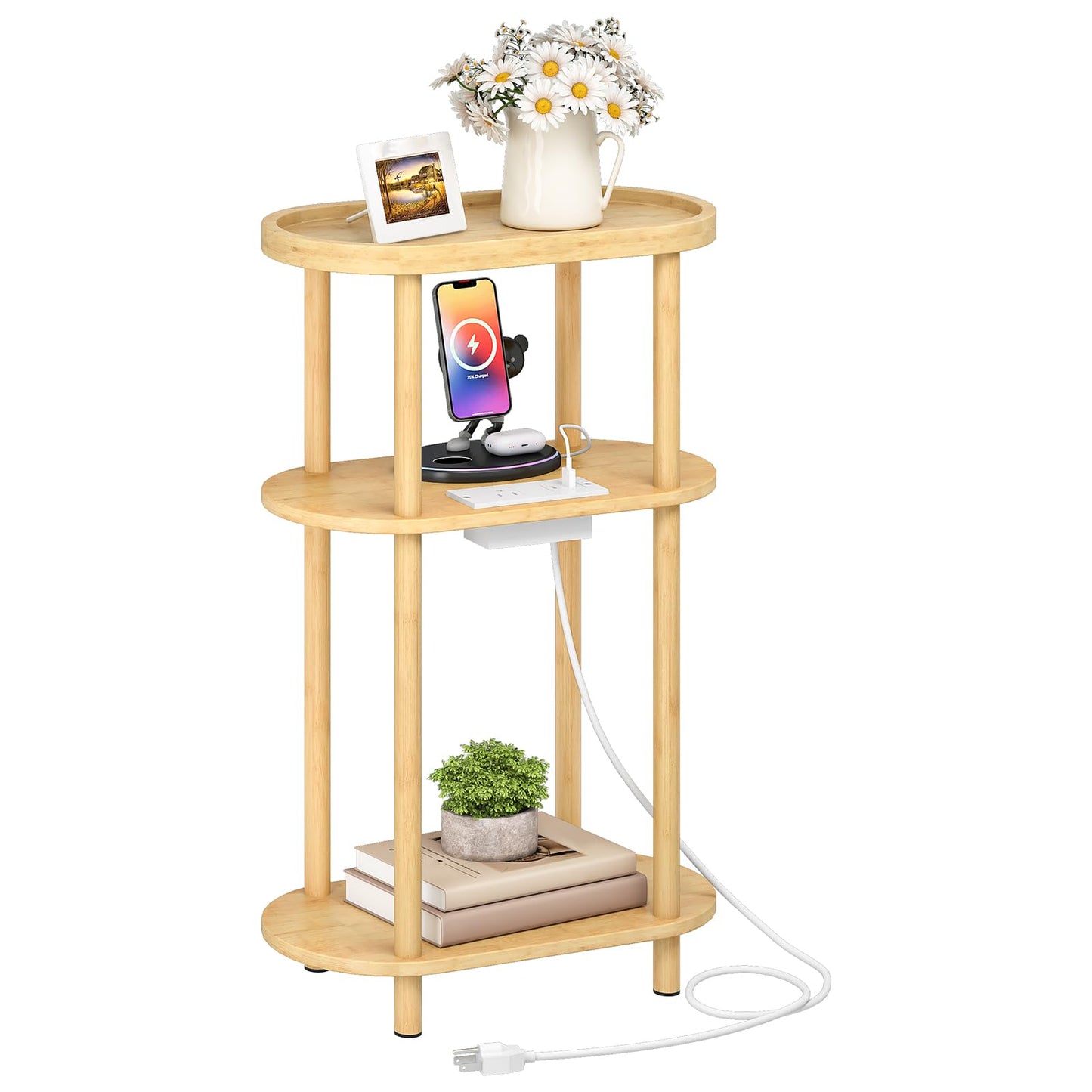 HOOBRO Small Narrow Side Table with Charging Station, 3-Tier Bamboo Narrow End Table, Slim Side Table for Small Spaces, Skinny Oval Nightstand for Living Room, Bedroom, Apartment, Natural YL178UBZ01
