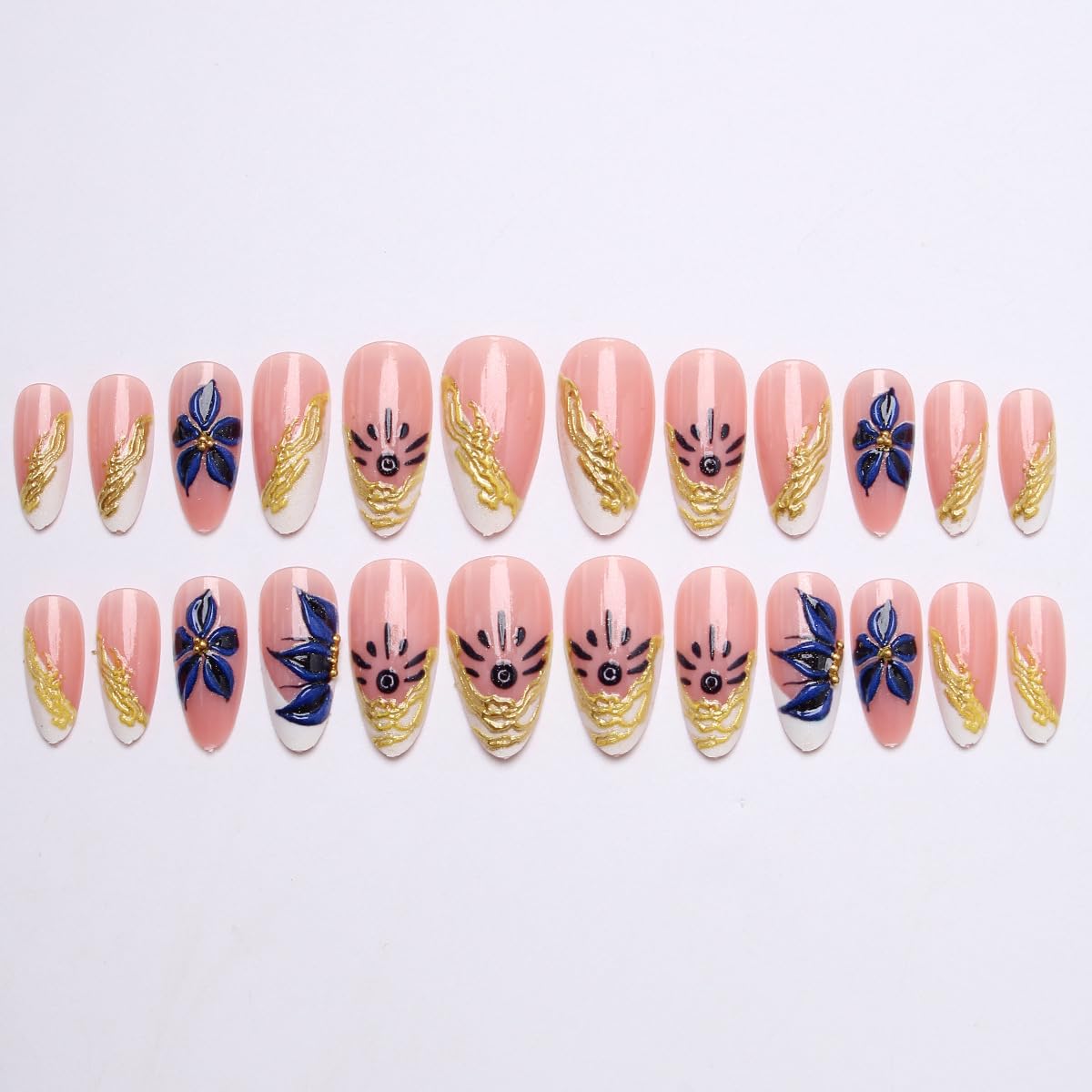 24Pcs Blue Floral Press on Nails Almond Shape Chrome Gold French Tip Fake Nails Medium Length Artificial Nails Flowers Acrylic Nails Full Cover Stick on Nail for Women Wedding Party Daily DIY Nail Art