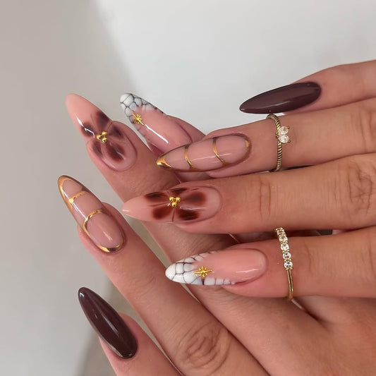 CJDLTS French Tip Press on Nails Almond Medium Flower Rhinestones Design Full Cover Glossy Acrylic Fake Nail Press Ons Artificial Fingernails DIY Reusable Glue on Nails for Women 24Pcs