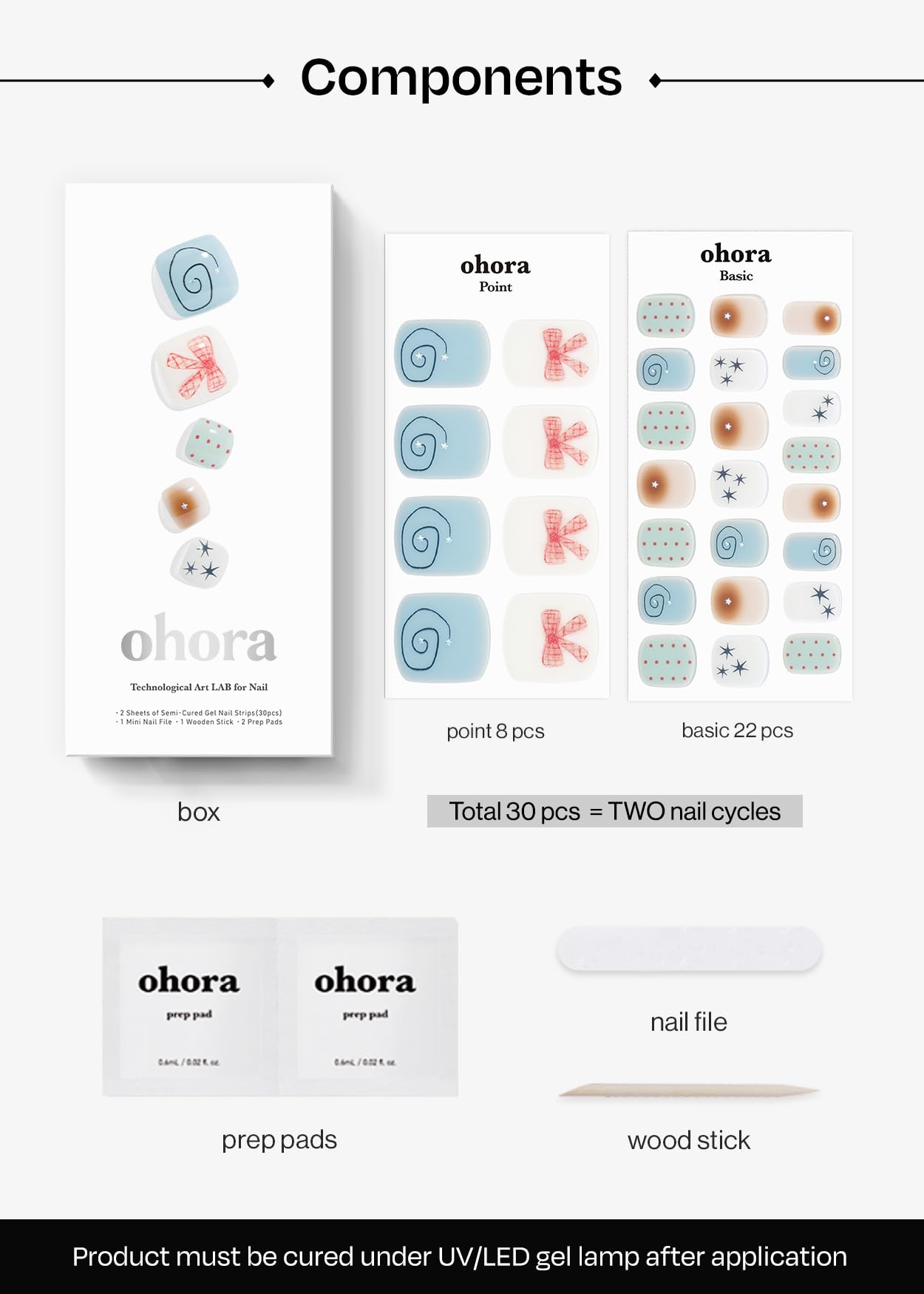ohora Semi Cured Gel Pedi Strips (P Mini Museum) - Works with Any Nail Lamps, Salon-Quality, Long Lasting, Easy to Apply & Remove - Includes 2 Prep Pads, Nail File & Wooden Stick