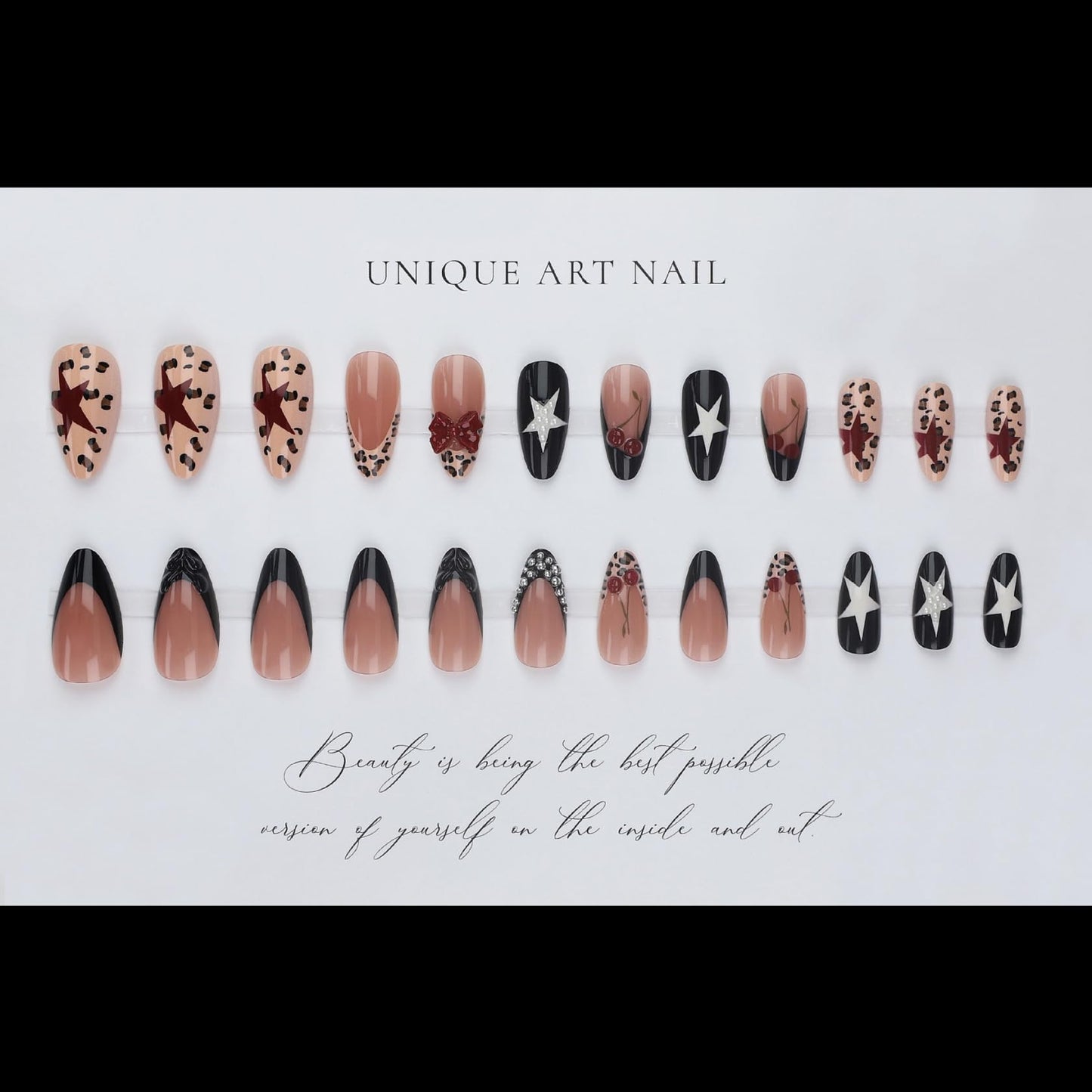 Medium Almond Press on Nails for Women Cherry & Star Fake Nails Artificial Stick on Nail