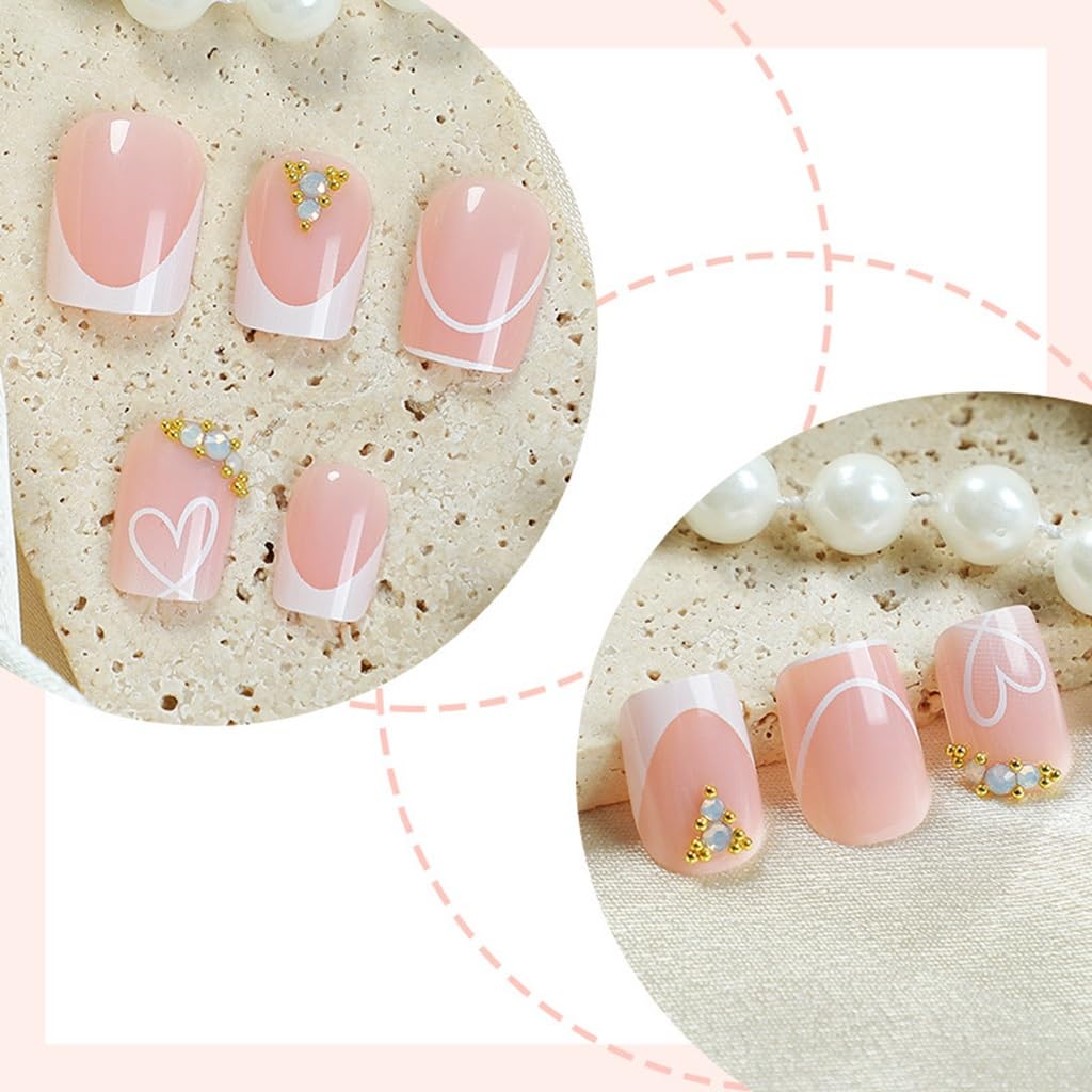 CTTHNBD Press on Nails Square - Short Fake Nails with White Heart Design - French Tip Stick on False Nails - for Women 24 Pcs