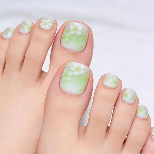 24Pcs Flower Press on Toenails,Short Square Fake Toenails with Glitter Acrylic Designs, Cyan French Gradient Toenails Full Cover Reusable Glossy Stick on Toes Nails for Women