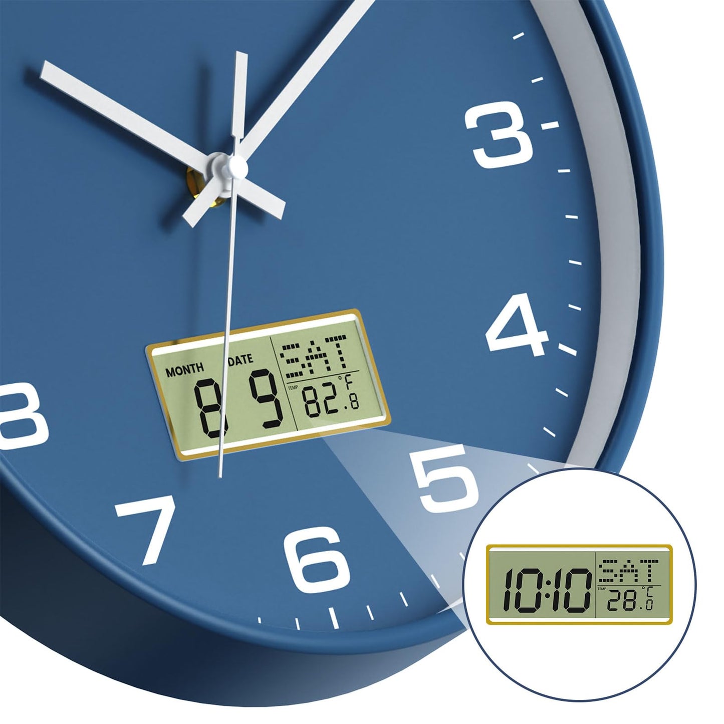12 Inch Wall Clock, Silent Non-Ticking Analog with LCD Display, Battery Operated, Perpetual Calendar, Date, Weekday & Temperature (°C/°F), Tempered Glass for Living Room, Bedroom, Kitchen, Office