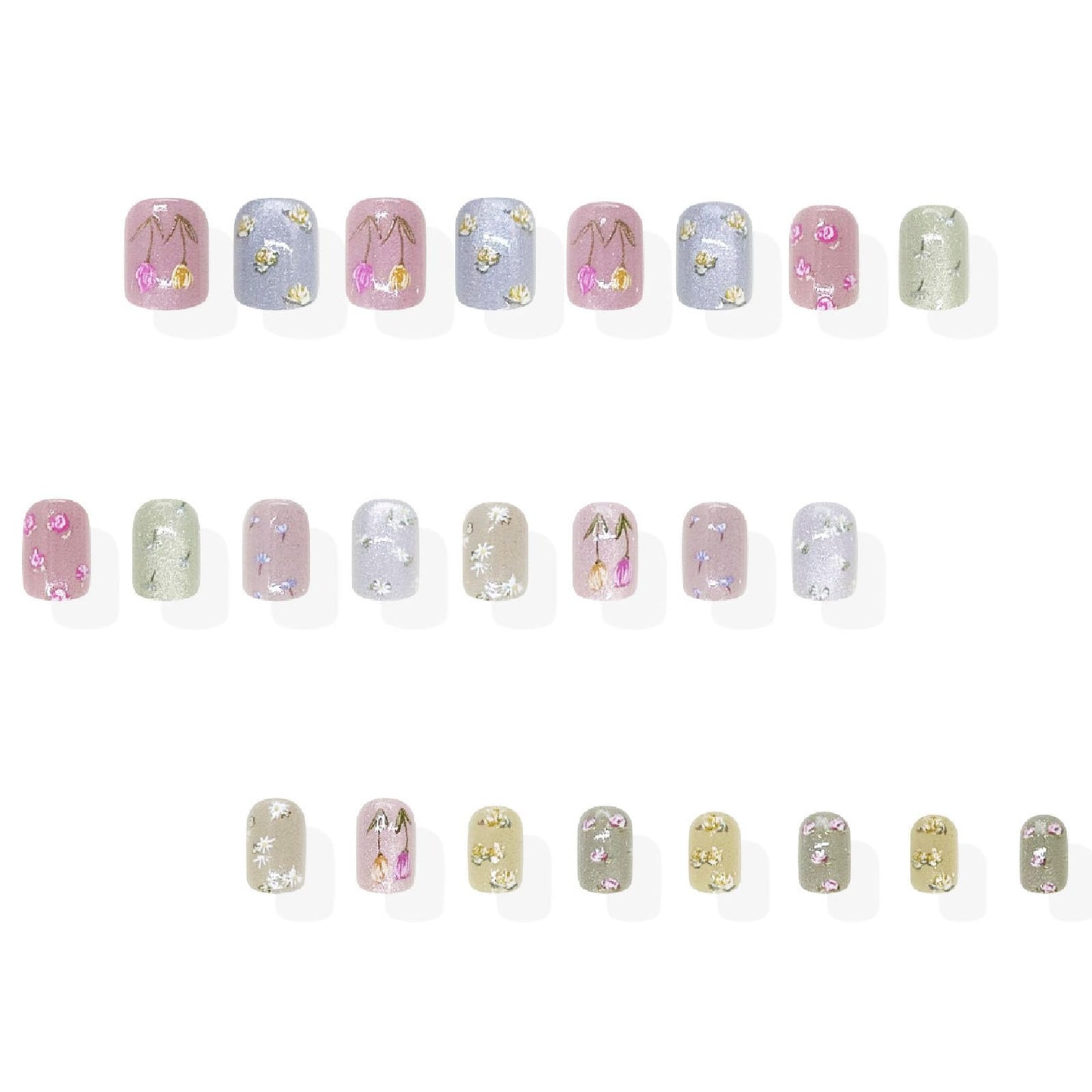 24Pcs Flower Press on Nails Short Square Fake Nails with Glitter Designs Nails Press ons Colorful False Nails Spring Summer Stick on Nails for Women