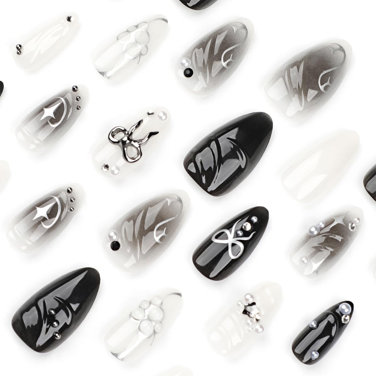 24Pcs Black Bow Press on Nails Medium Almond Fake Nails with 3D Alloy Bow Pearl Designs White Glitter False Nails Full Cover Artificial Glue on Nails Spring Summer Handmade Stick on Nails for Women