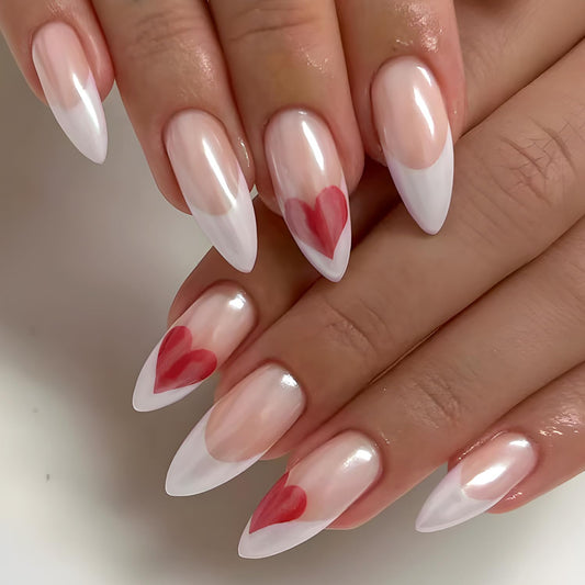 Valentine's Press on Nails Medium Red Love Heart Design Full Cover Glossy Fake Nails White French Tip Press on Nails Almond Shaped Artificial Acrylic Nails Full Cover Stick on Nails for Women