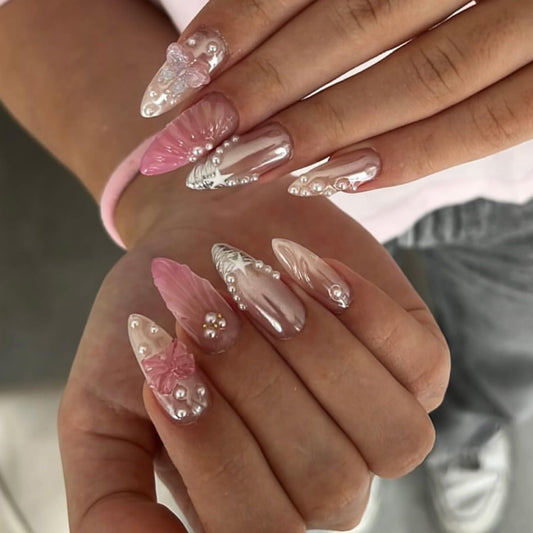 Silver French Press On Nails Medium Almond Fake Nail With Pearls Butterfly Design Nail Press Ons Star Bow Glue On Nails Pink Glossy False Acrylic Nails For Women