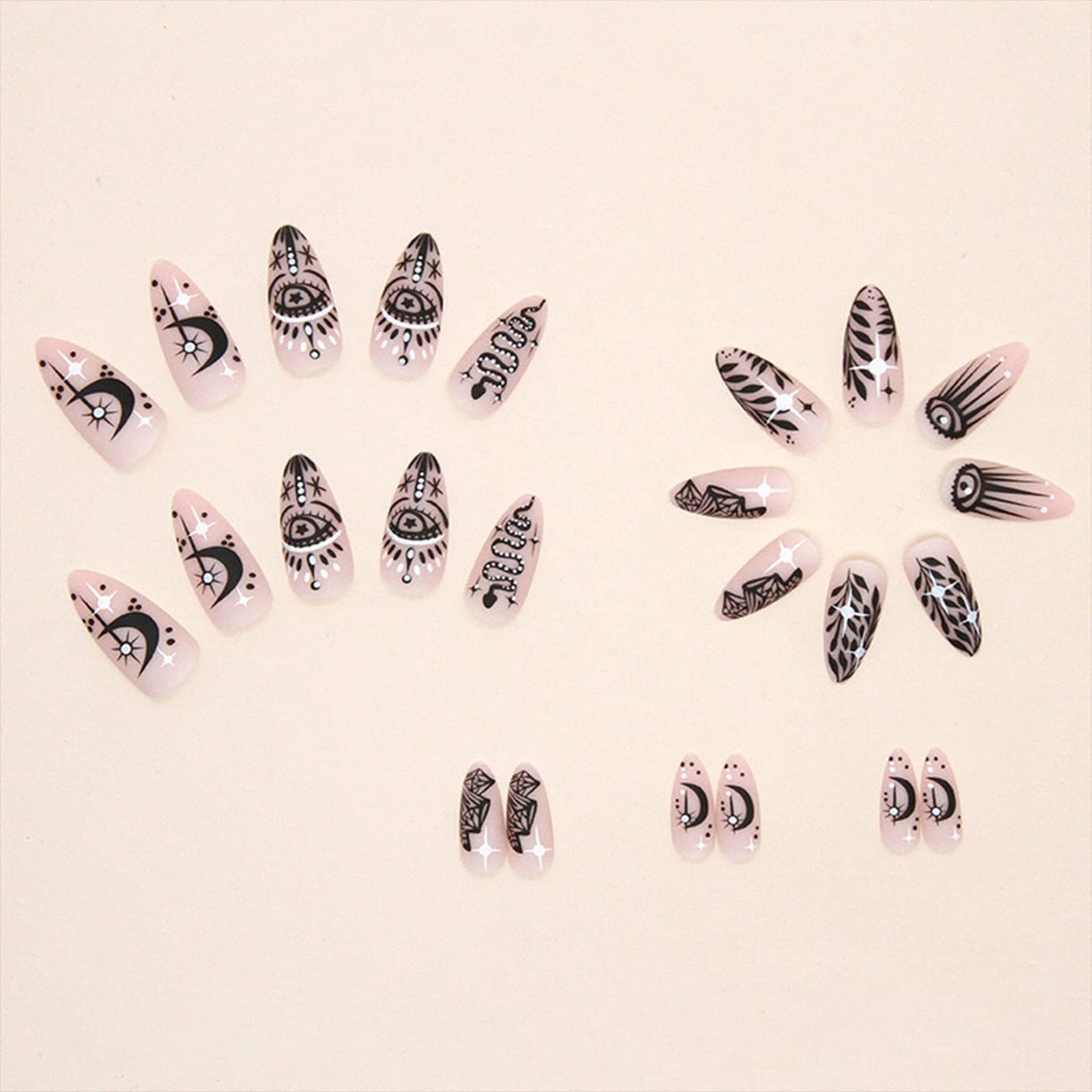 SINHOT Medium Almond Press on Nails Stiletto Fake Nails Glossy Glue on Nails Acrylic Nail Black Graffiti False Nail with Designs 24 pcs