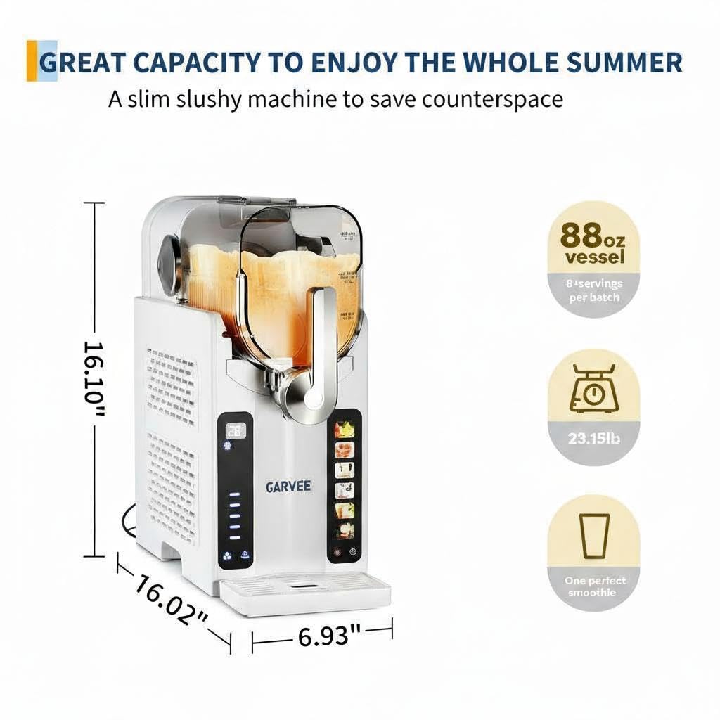 Garvee Slushie Machine for Home - 88 oz Ice-Free Frozen Drink Maker, Self-Cleaning Function with 6 Preset Programs for Margaritas,Ice Cream,Compact Size Slushy Machine,White