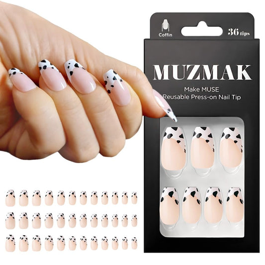 MUZMAK Reusable Press On Nails - Milk Cow - Long Coffin Press On Nails, Cow Print French Tip Fake Nails (Pack of 36)