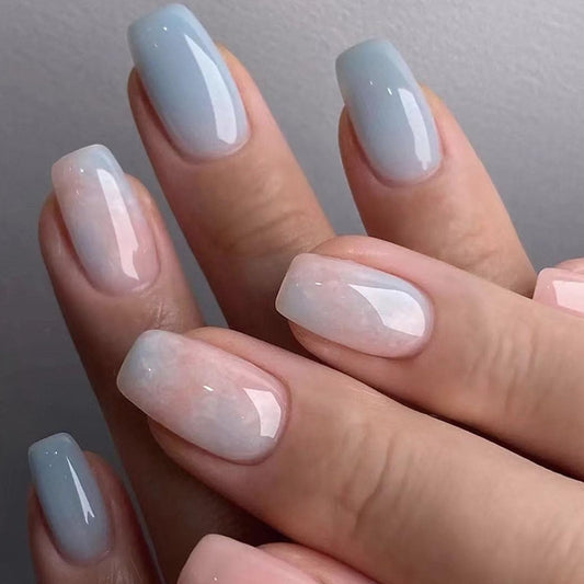 Short Press on Nails Coffin Fake Nails with Marble Designs Pink Nails Press ons Spring Summer Glue on Nails Glossy Acrylic Nails Blue False Nails Daily Wear Natural Stick on Nails for Women 24Pcs