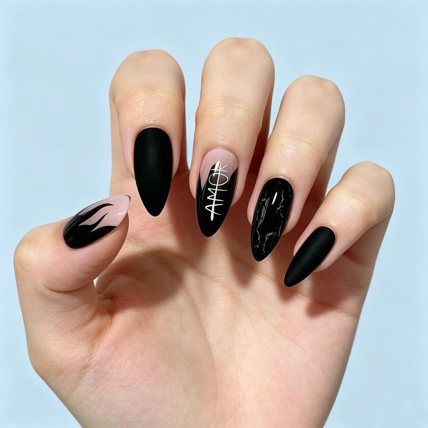 Press on Nails With Gothic Design, Matte Blue Fire Fake Nail, Long Stiletto False Nails White Fog Glue on Nail, Letter Stick on Reusable Acrylic Fingernails for Women Summer Vacation