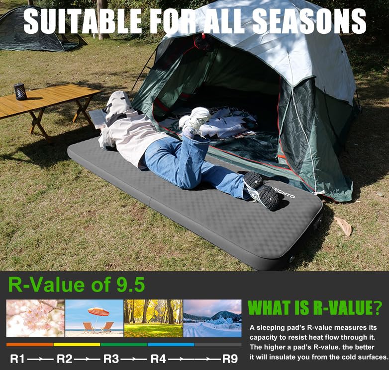 NYECHTO Self Inflating Sleeping Pad for Camping, 4" Extra-Thick Memory Foam Camping Mattress with Electric Pump, Fast Inflate & Deflate, 9.5 R-Value Insulated Camping Pad for Car Travel Tent Cot, Grey