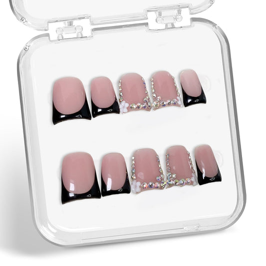 Handmade Press on Nails Muti-Layer Gel Acrylic Nail Short Duck Black French Tip Fake Nails Flower & Rhinestones Designs Luxury Handmade False Nail Art Full Cover Thickened Stick on Nails for Women (M)