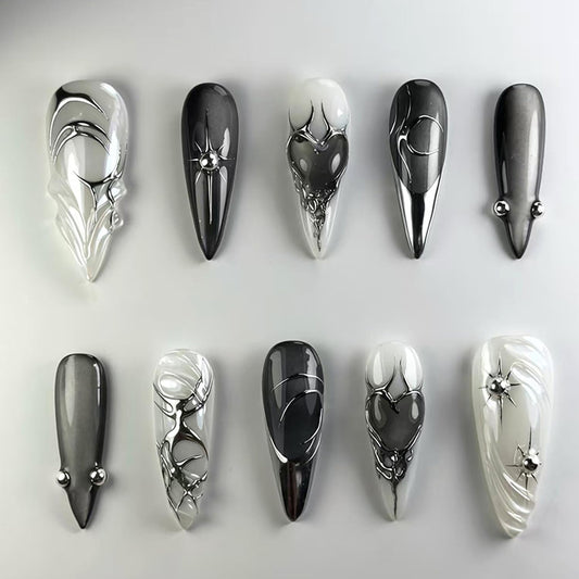 Black Press on Nails Medium Length Almond Fake Nails Silver Sparkling Star Gothic Dark Black Style Press on Full Cover Glossy Acrylic Nails Stick on Nails Nails Art Decoration for Women 24Pcs