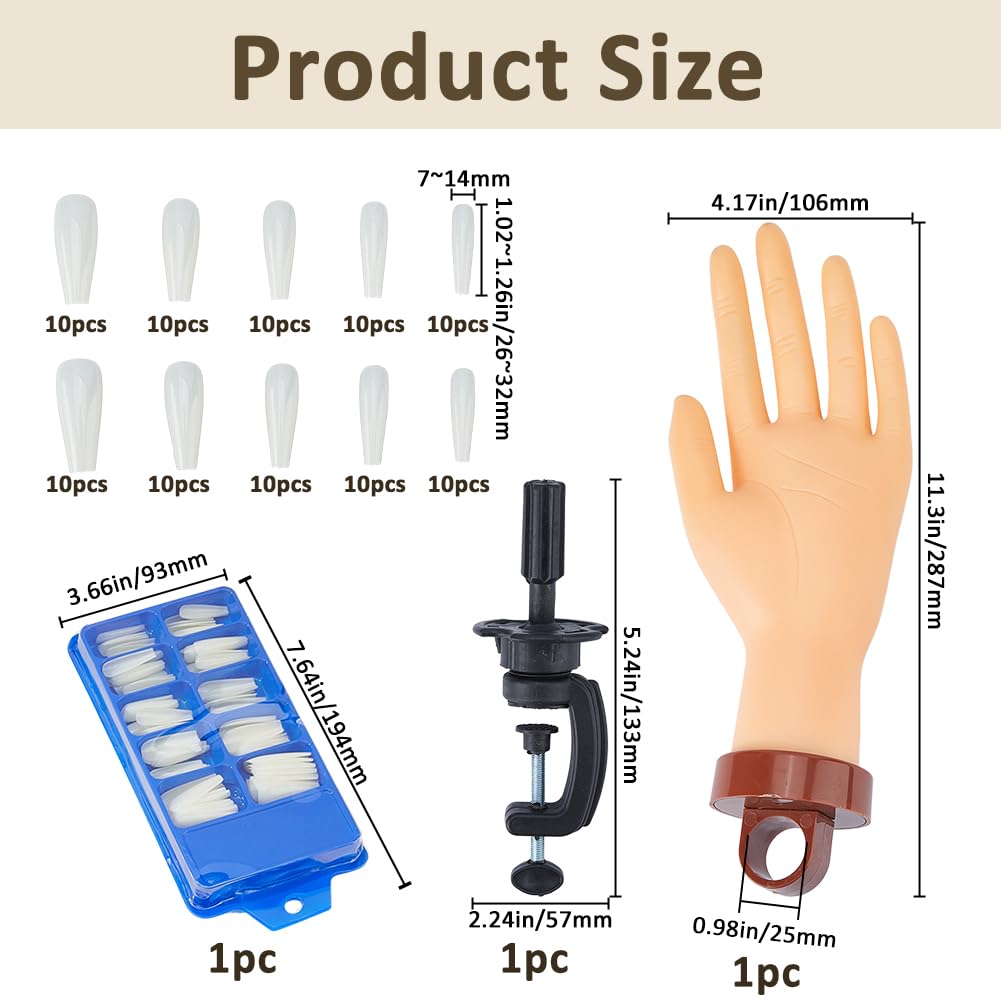 SUPERFINDINGS Practice Hand for Acrylic Nails Rubber Flexible Fingers Training Hands False Mannequin Hand with 100Pcs Trapezoid Plastic Nail Tips for Beginners Manicure Training