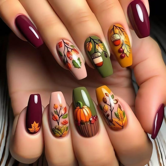 Fall Press on Nails Medium Coffin Fake Nail Maple Leaves & Pumpkin Acrylic False Nails for Women Full Cover Glossy Glue on Nails Reusable Autumn Stick on Nails 24Pcs