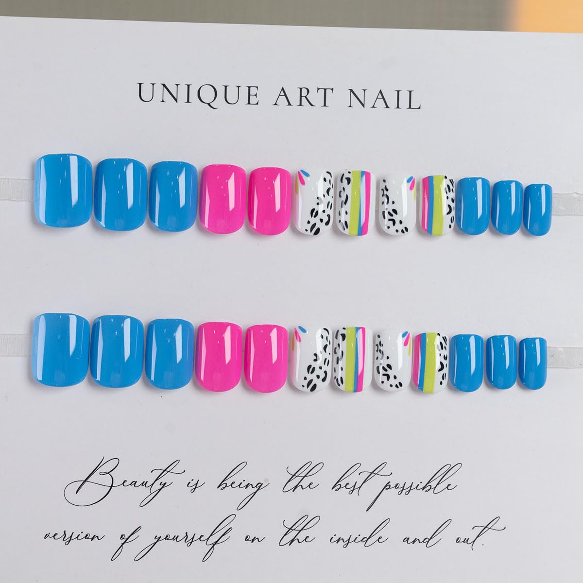 CTTHNBD Press on Nails Short - Square Fake Nails with Colorful Line Design - Glossy Full Cover Stick on Nails - for Women 24 Pcs