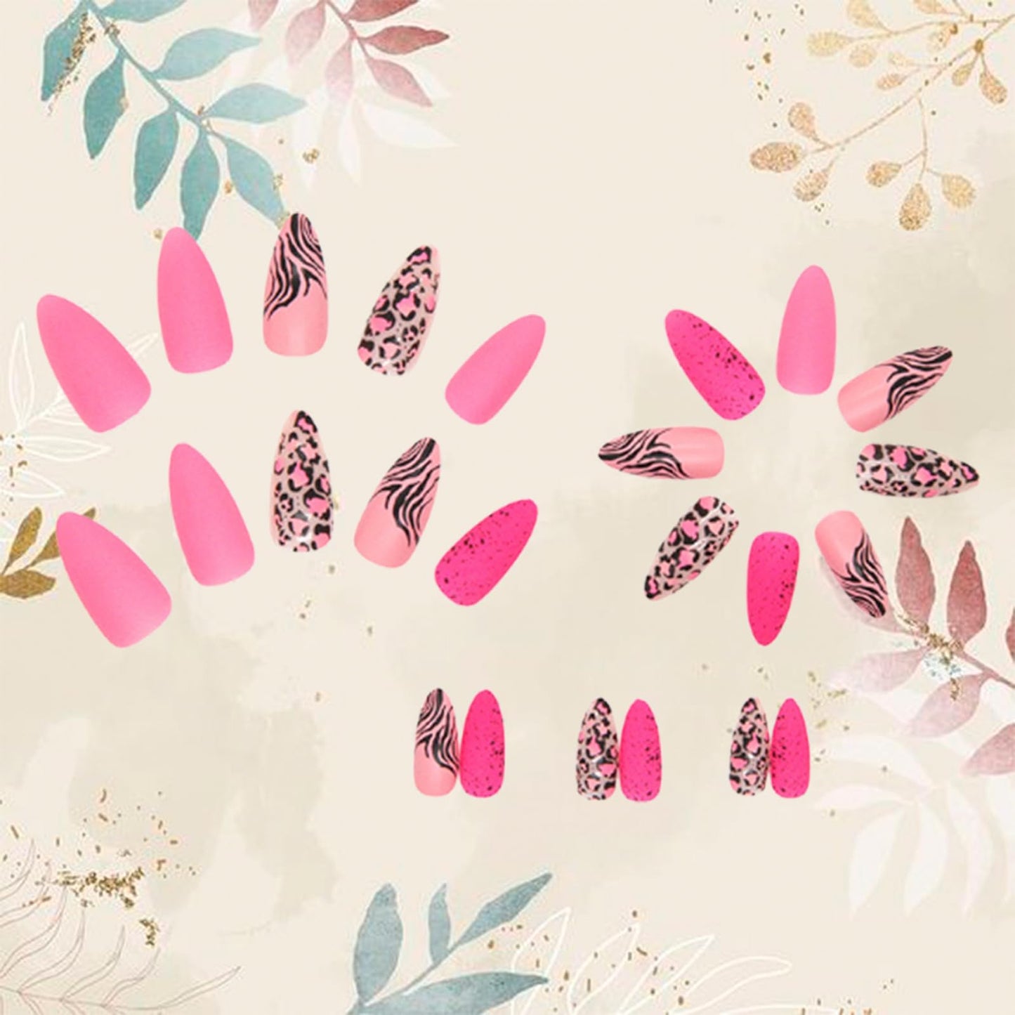 24pcs Pink Press-On Nails Long Stiletto Matte False Nails with Leopard Pattern Full Cover Pink False Nails Flame French Glue Ballerina Acrylic Nails Women's Nail Art Decoration