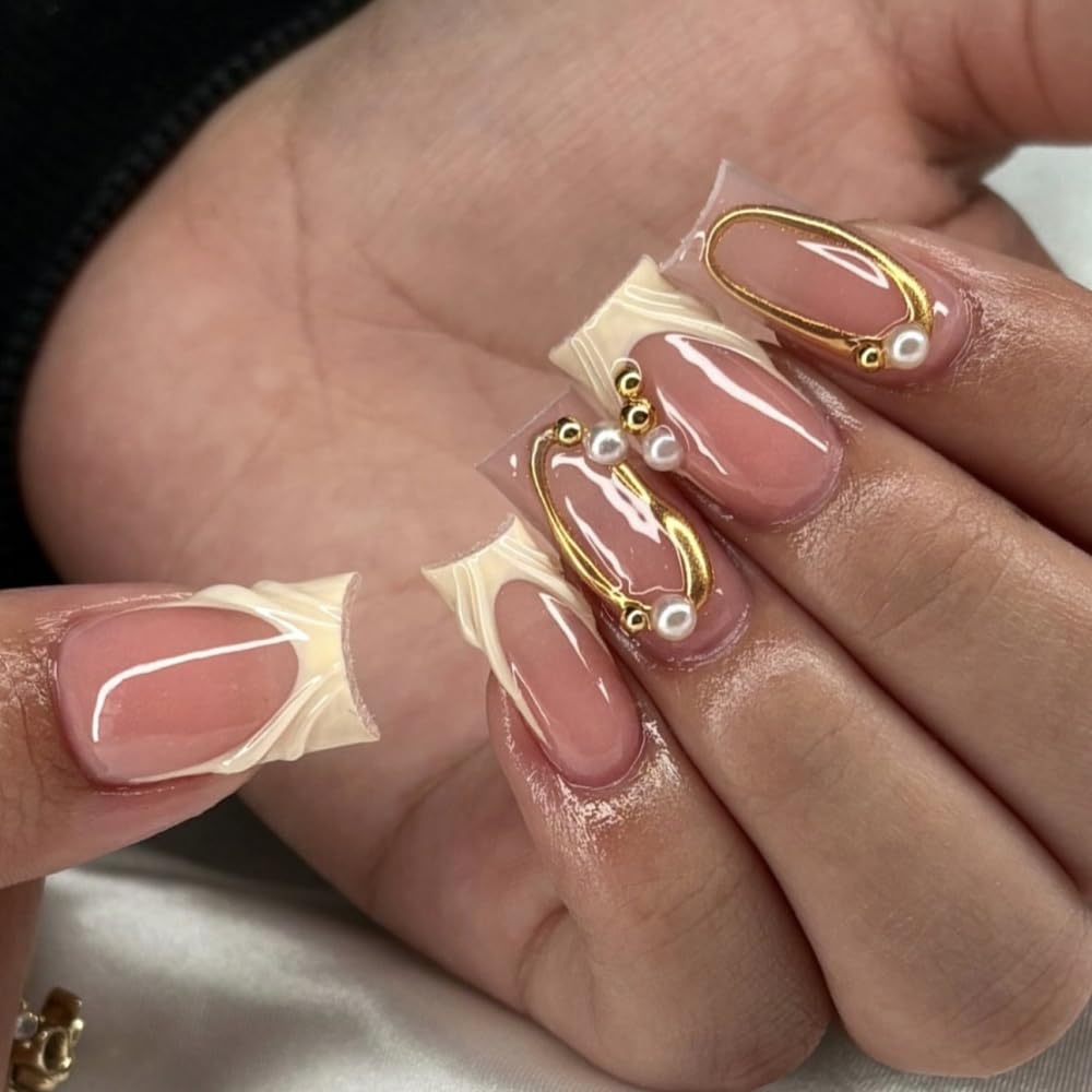 French Tips Press on Nails Medium Square Fake Nails with 5D Gold Lines Charm Design Glossy Pink Yellow Nails Press on Reusable Pearl Rhinestones False Nail Spring Summer Nail for Women Manicure 24Pcs