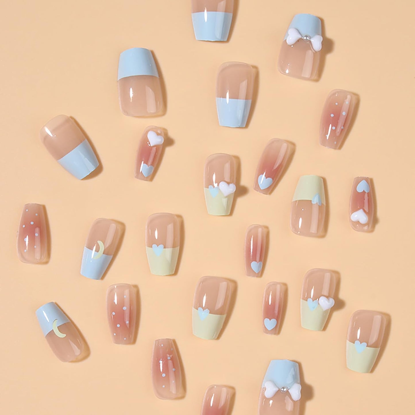 Vezocim French Tip Square Medium Press on Nails 24Pcs Glossy Full Cover Artificial Fake Nails with Blue Heart Designs Acrylic Coffin False Nails Glue Fingernails with Charm for Women