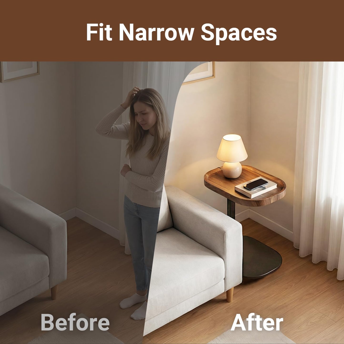 Eansstofars Adjustable Height TV Dinner Tray Table for Eating, 360°Swivel Small C Shaped End Side Table for Living Room, Bedroom,Hospital, Couch Armrest Table that Slide Under Sofa, Bed, Desk
