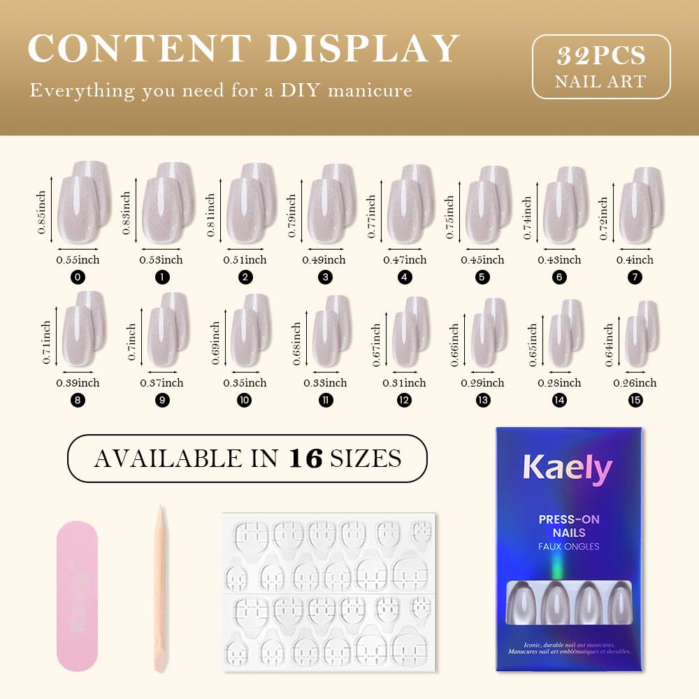 evpct Pearl White Nude Cat Eye Coffin Press on Nails Medium Square No Glue, Stick on Nail Medium Square for Women, Pearl Metallic Glitter Glossy Reusable Soft Press on Acrylic Fake Nail with Designs
