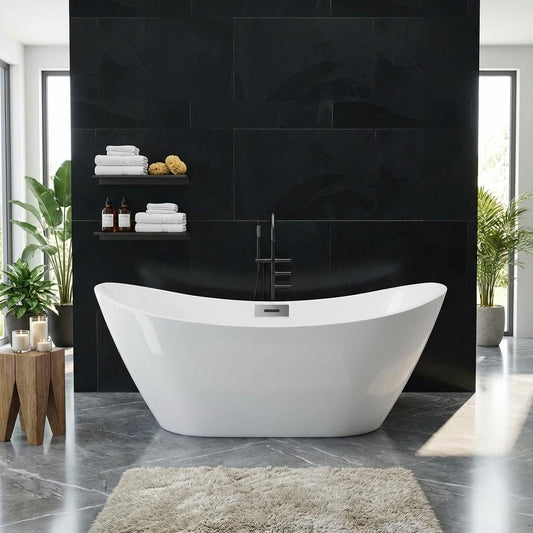 GarveeLife 67 Inch Freestanding Bathtub, Deep Soaking Acrylic Tub for Modern Bathroom, Standalone Soaker with Polished Chrome Overflow and Drain, CUPC Certified, White Glossy Finish