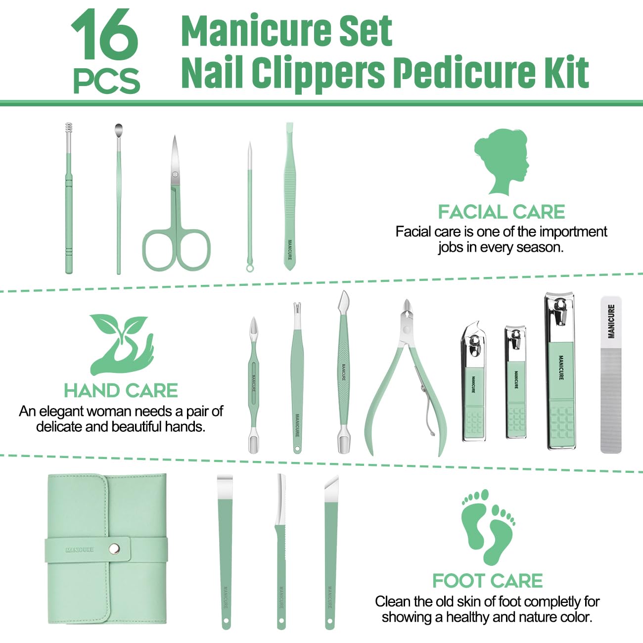 Manicure Set Nail Clippers set Pedicure Kit 16 Pieces Stainless Steel Manicure Kit,manicure and pedicure kit Professional Grooming Kits,Nail Care Tools with Luxurious Travel Case nail clippers for men