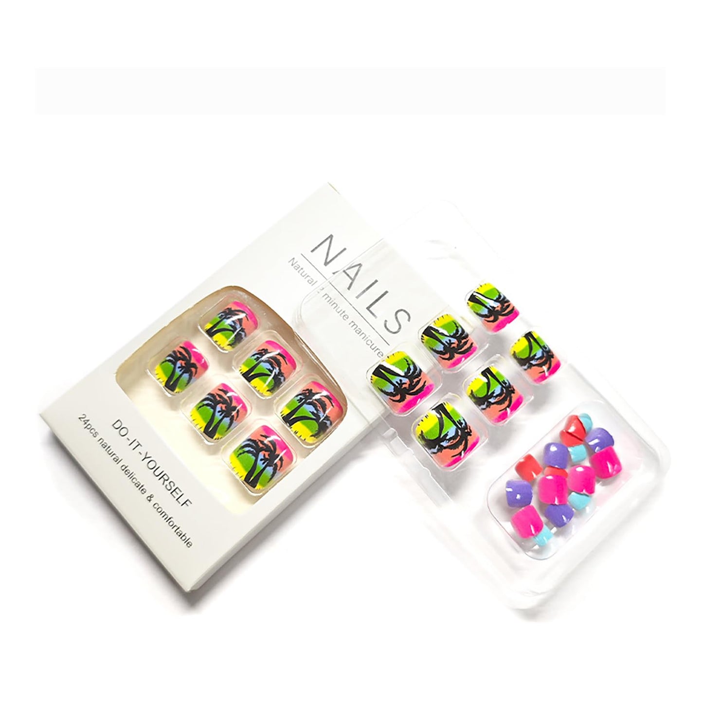 24Pcs Summer Beach Press on Toenails,Short Square Fake Toenails Colorful Acrylic Toenails with Coconut Trees Designs Full Cover Reusable Glossy Stick on Toes Nails for Women Girls