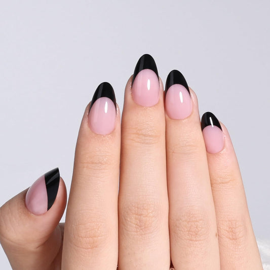 Pink Base Black French Tip Press On Nails - Short Almond Fake Nails, Reusable Glue On Nails with Nail Glue, French Tip Design for Women 32 Pieces 16 Sizes