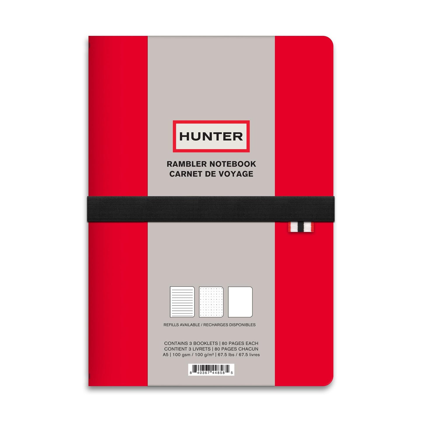 Hunter - Rambler Refillable Notebook, 8.6” X 6” Book with 3 A5 Booklets, 80 Pages Each of Lined Paper, Dot Grid, & Blank Pages for Drawing or Journaling, Elastic Band & Inside Pocket, Hunter Red