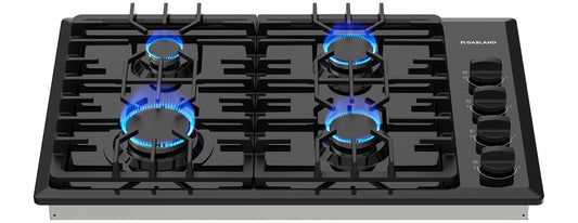 GASLAND 30 Inch Gas Cooktop Black, 4 Sabaf Sealed Burner Gas Stovetop, 4 ft Cord Plug, Cast Iron Grates with Metal Knobs, 28,300 BTU NG/LPG Convertible, Thermocouple Protection, CSA Certified
