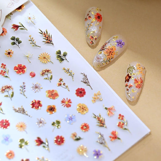 5D Embossed Flower Nail Art Stickers Decals Fall Nail Decals Self-Adhesive Autumn Floral Nail Supplies Nail Art Design for Women Girls Nail Decoration Accessories