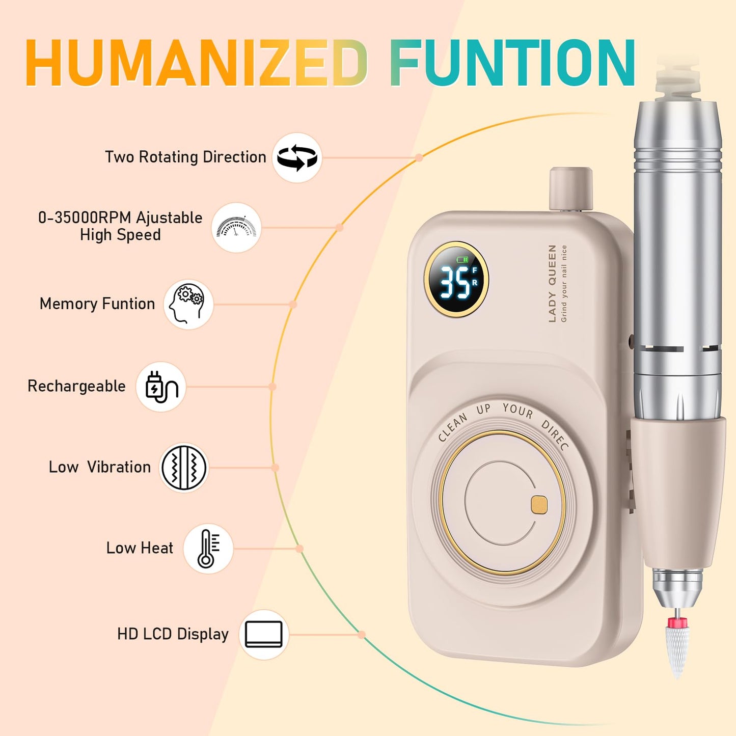 Portable Nail Drill Electric File: 35000RPM Professional Rechargeable Nail E File Machine,for Acrylic Nails Gel Polishing Removing, Cordless Efile with Bits Kit for Manicure Salon Home (Pink)