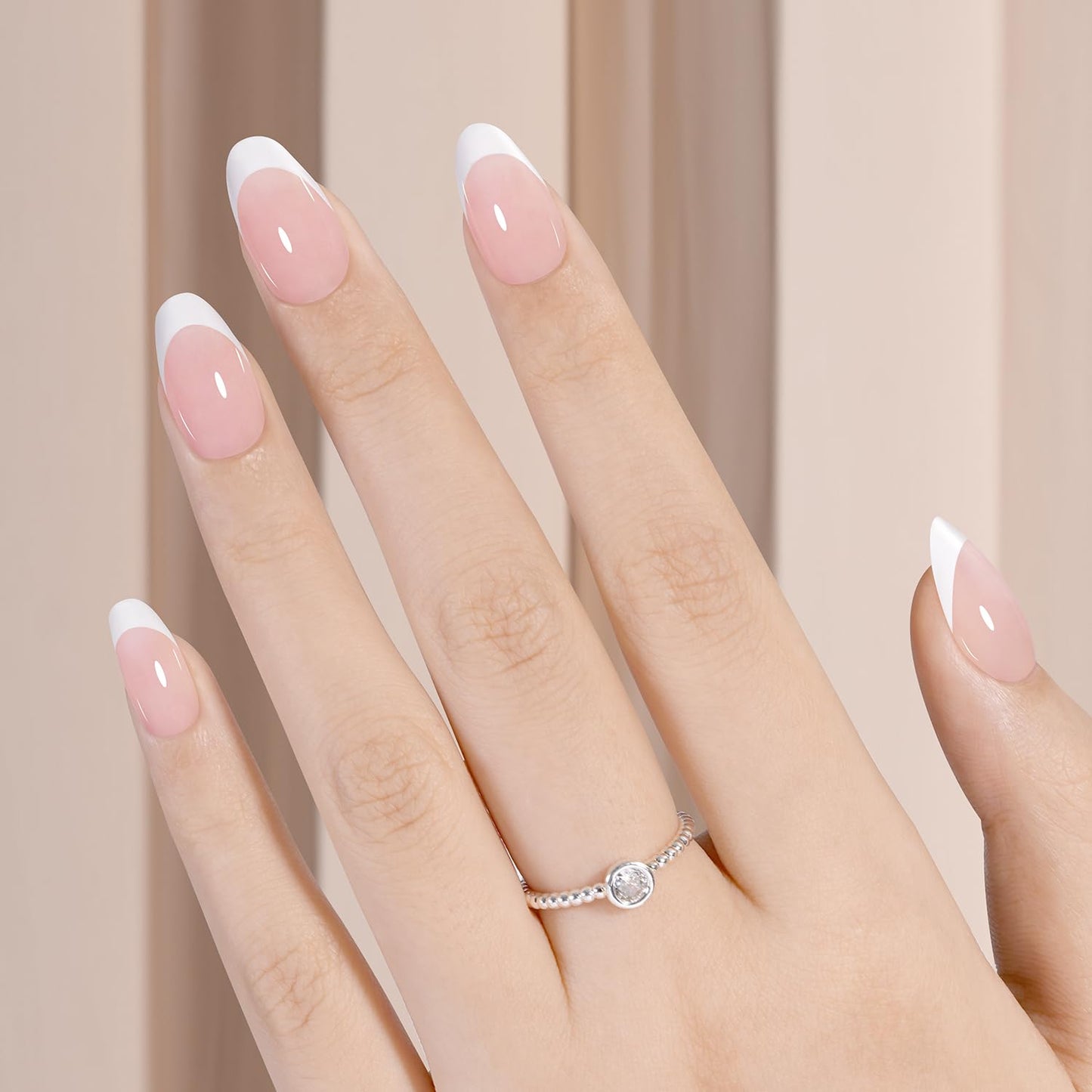 AILLSA French Gel Nail Tips, 180 Pcs Pink French Tip Press on Nails Short Almond, Pre-Applied Primer & Base Coat, No Need File, Soft Nail Tips, Fake Nails for Nail Art DIY 15 Sizes